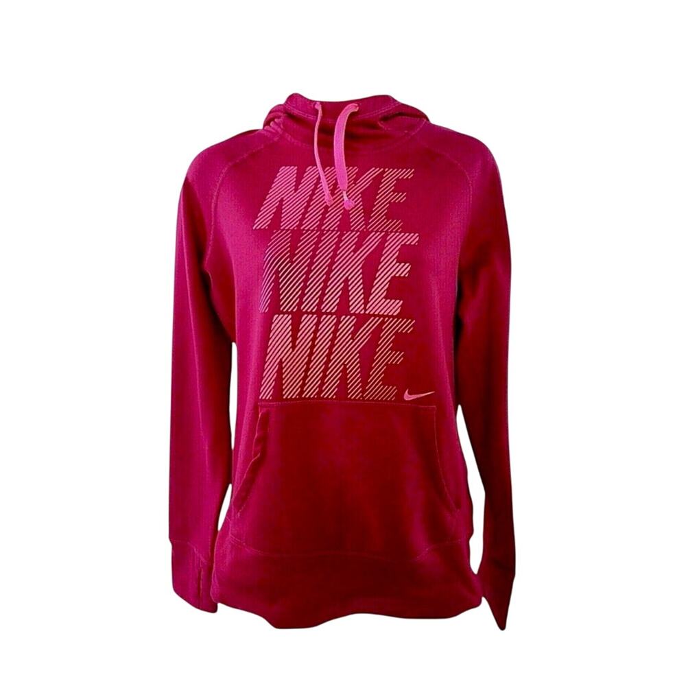 Nike Therma-Fit Long Sleeve Pullover Hoodie Large Pink red Logo Print Womens